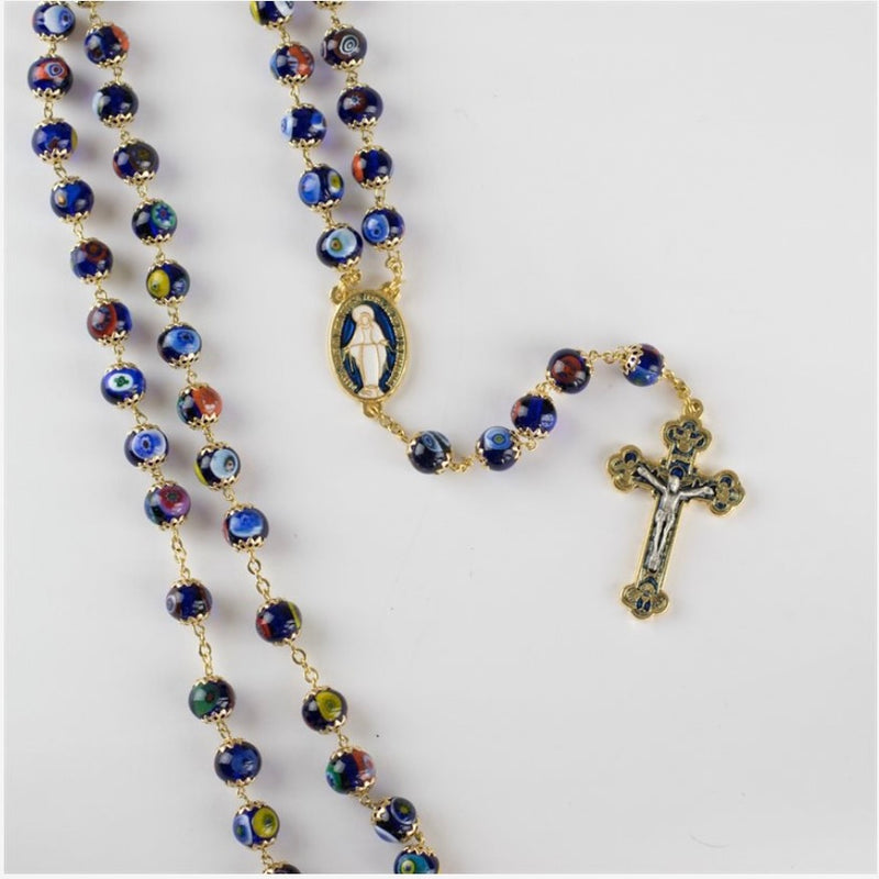 Venetian Glass Rosary with Brilliant Blue and Gold-Trimmed Crucifix and Miraculous Medal Center