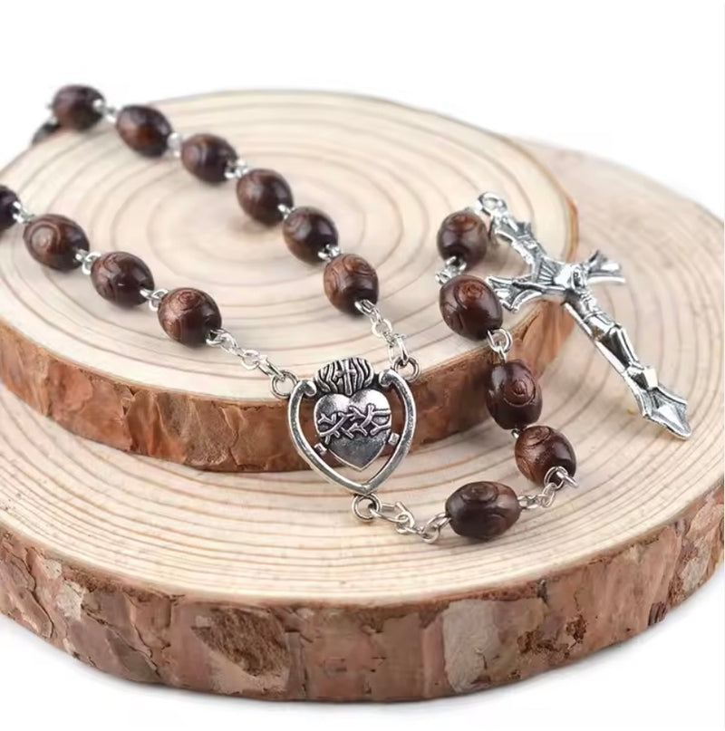 Sacrificial Heart of Jesus Rosary – Carved Oval Brown Wood Beads - SPECIAL EDITION