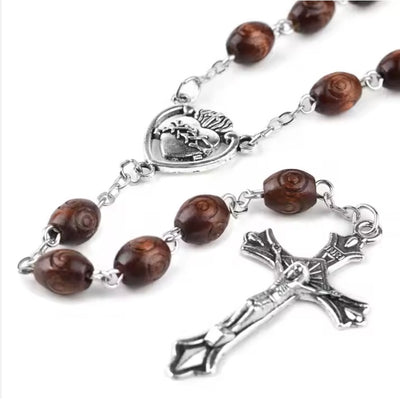 Sacrificial Heart of Jesus Rosary – Carved Oval Brown Wood Beads - SPECIAL EDITION