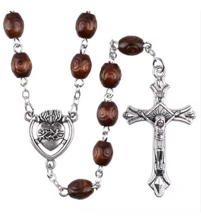 Sacrificial Heart of Jesus Rosary – Carved Oval Brown Wood Beads - SPECIAL EDITION