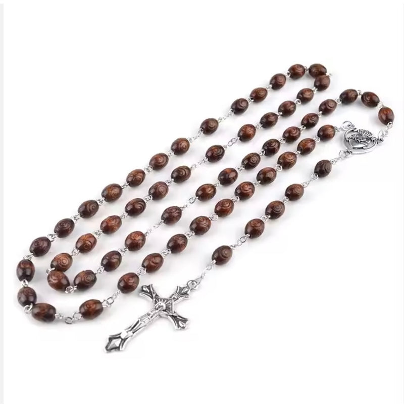 Sacrificial Heart of Jesus Rosary – Carved Oval Brown Wood Beads - SPECIAL EDITION