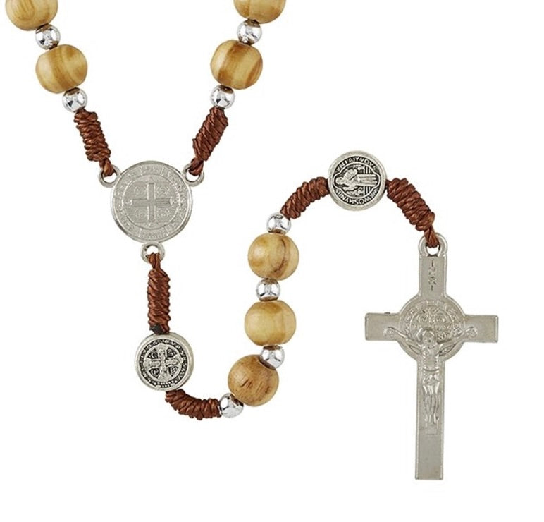 Olive Wood Finish St. Benedict Cord Rosary – Gethsemane Collection