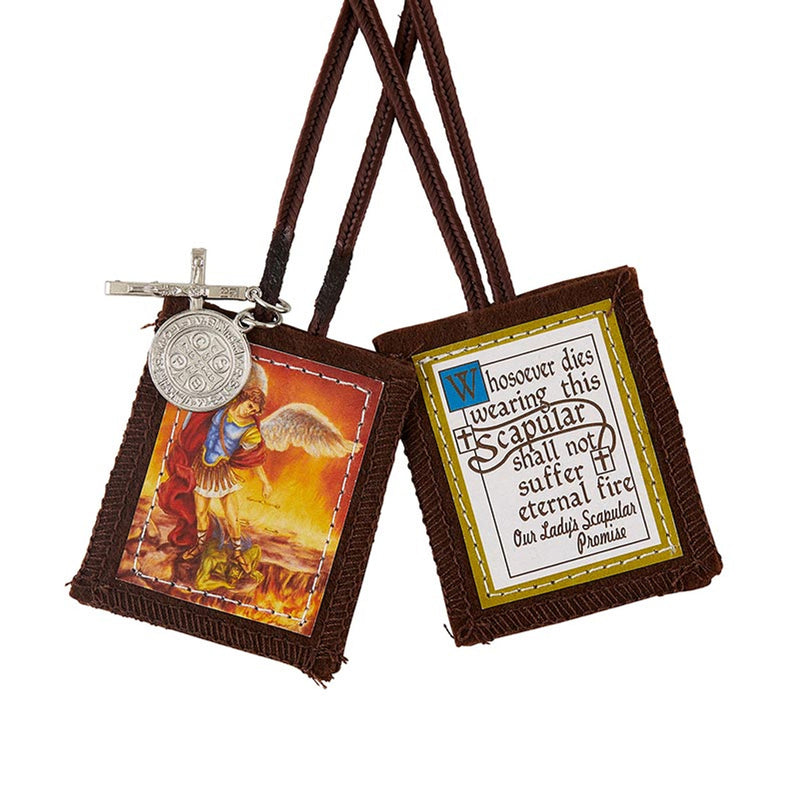 St. Michael Brown Wool Scapular with Medal