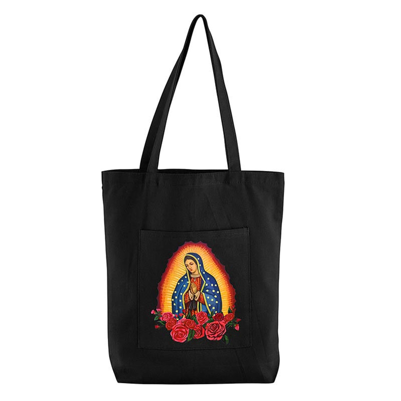 Our Lady of Guadalupe Black Canvas Tote Bag with Pocket