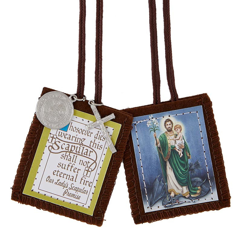 St. Joseph Browl Wool Scapular with Medal