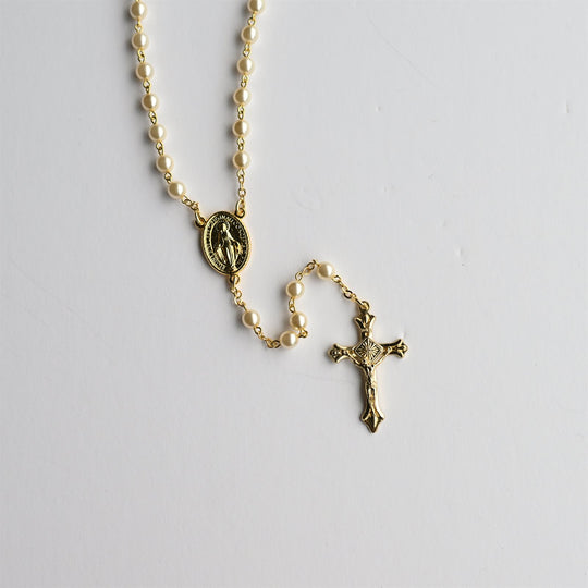 Miraculous Medal Rosary with Cream-colored Beads and Gold-Colored Chain
