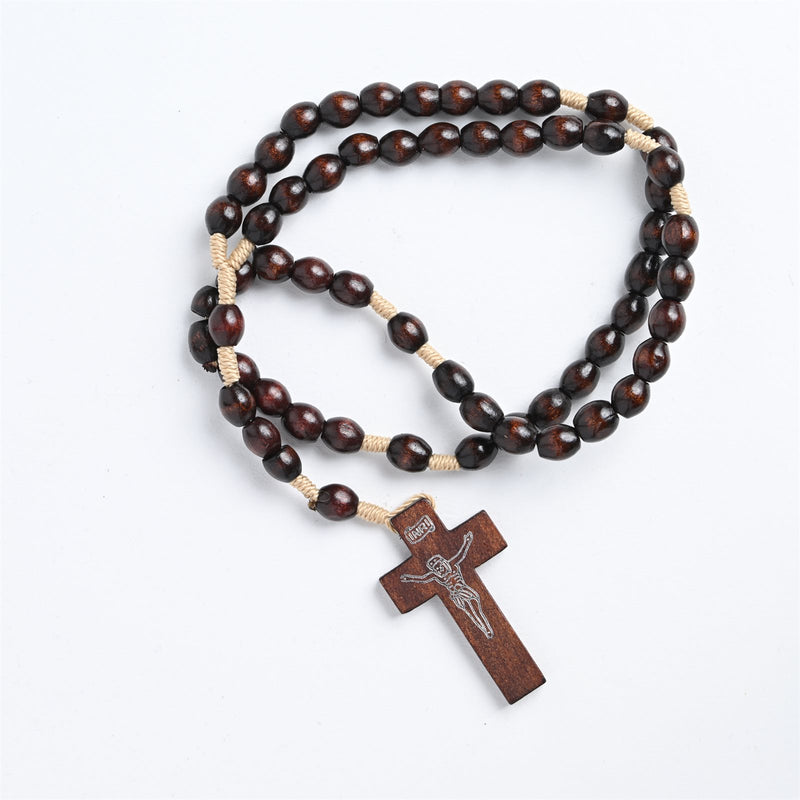 Traditional Brown Wood Beaded Rosary with Corded String & Small Wooden Crucifix