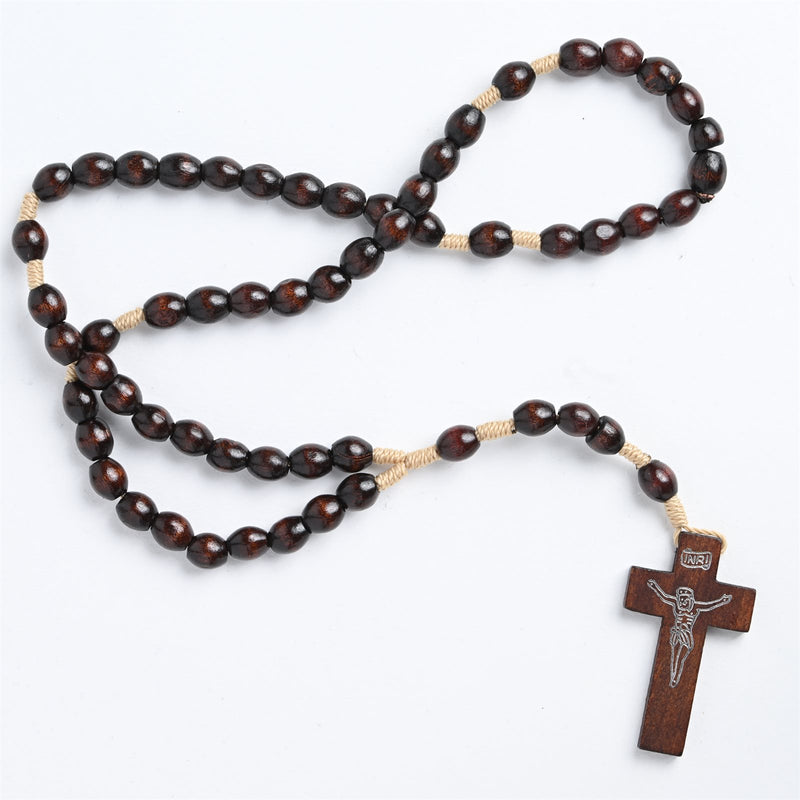 Traditional Brown Wood Beaded Rosary with Corded String & Small Wooden Crucifix