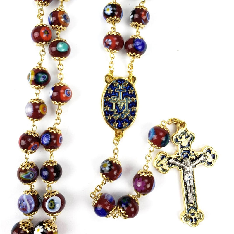 Murano Burgundy Rosary – Exquisite Glass Beads with Ornate Gold & Blue Crucifix