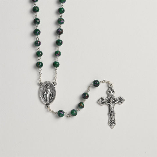 Traditional Miraculous Medal Rosary with Artistic Green Beads