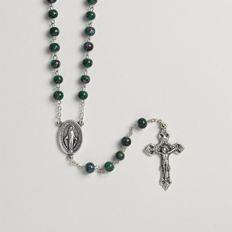 Traditional Miraculous Medal Rosary with Artistic Green Beads
