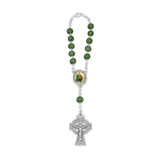 6mm Round Glass Shamrock Bead Auto Rosary with Celtic Crucifix, Double Sided St. Christopher and St Patrick Centerpiece