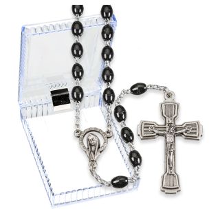 Black Plastic Oval Bead Rosary, Gift Boxed