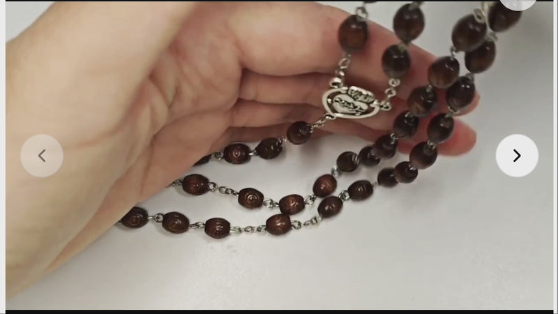 Sacrificial Heart of Jesus Rosary – Carved Oval Brown Wood Beads - SPECIAL EDITION