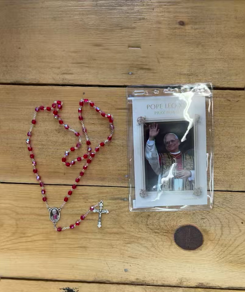 Pope Leo XIV Red Rosary with Photo Center and Prayer Card