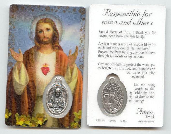 Sacred Heart of Prayer Card with Medal