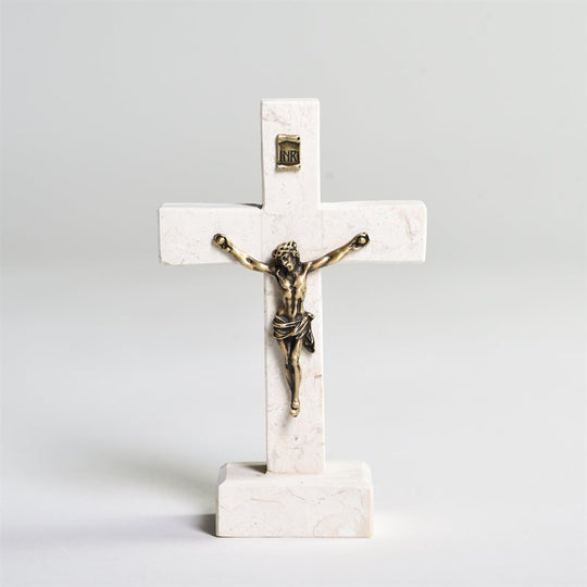 Bethlehem Stone 5.5" Crucifix on Base with Bronze Pewter Corpus