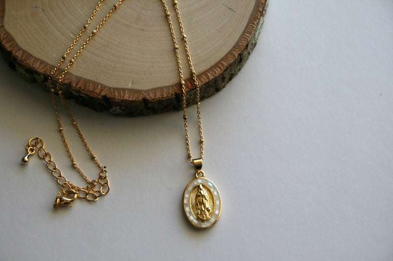 Mother of Pearl Our Lady Gold Tone Necklace