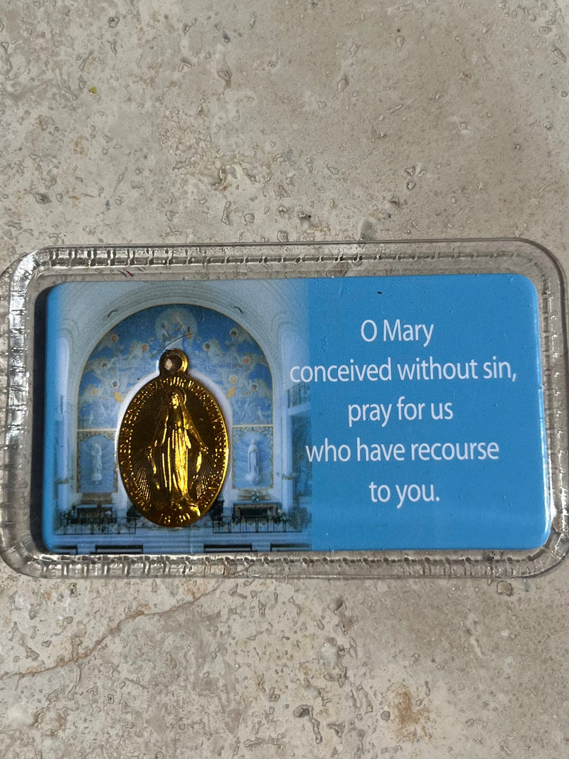 Chapel of the Miraculous Medal prayer card and Gold medal, from the Chapel of the Miraculous Medal in Paris