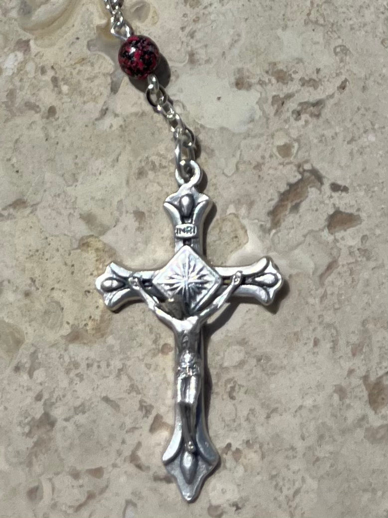Kaleidoscope Communion rosary with marble-style beads and silver crucifix