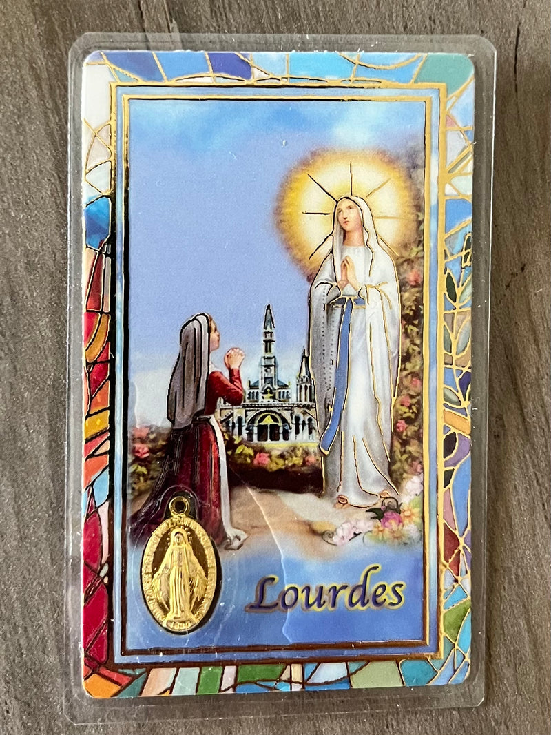 Our Lady of Lourdes prayer card with Gold Medal