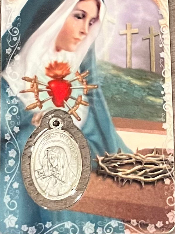 Sorrowful Mother Prayer Card and Silver Medal