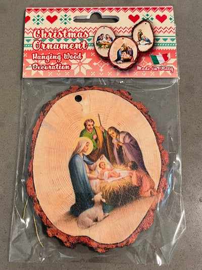3 and 1/2" by 3 and 1/2" Round Wooden Nativity Scene Christmas Ornament.  Gold Stamped and Made In Italy