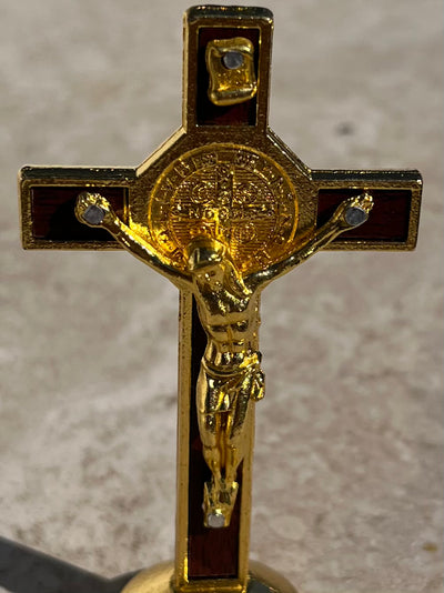 St. Benedict miniature Crucifix with Brown background, Brilliant Gold Corpus and Gold Edge