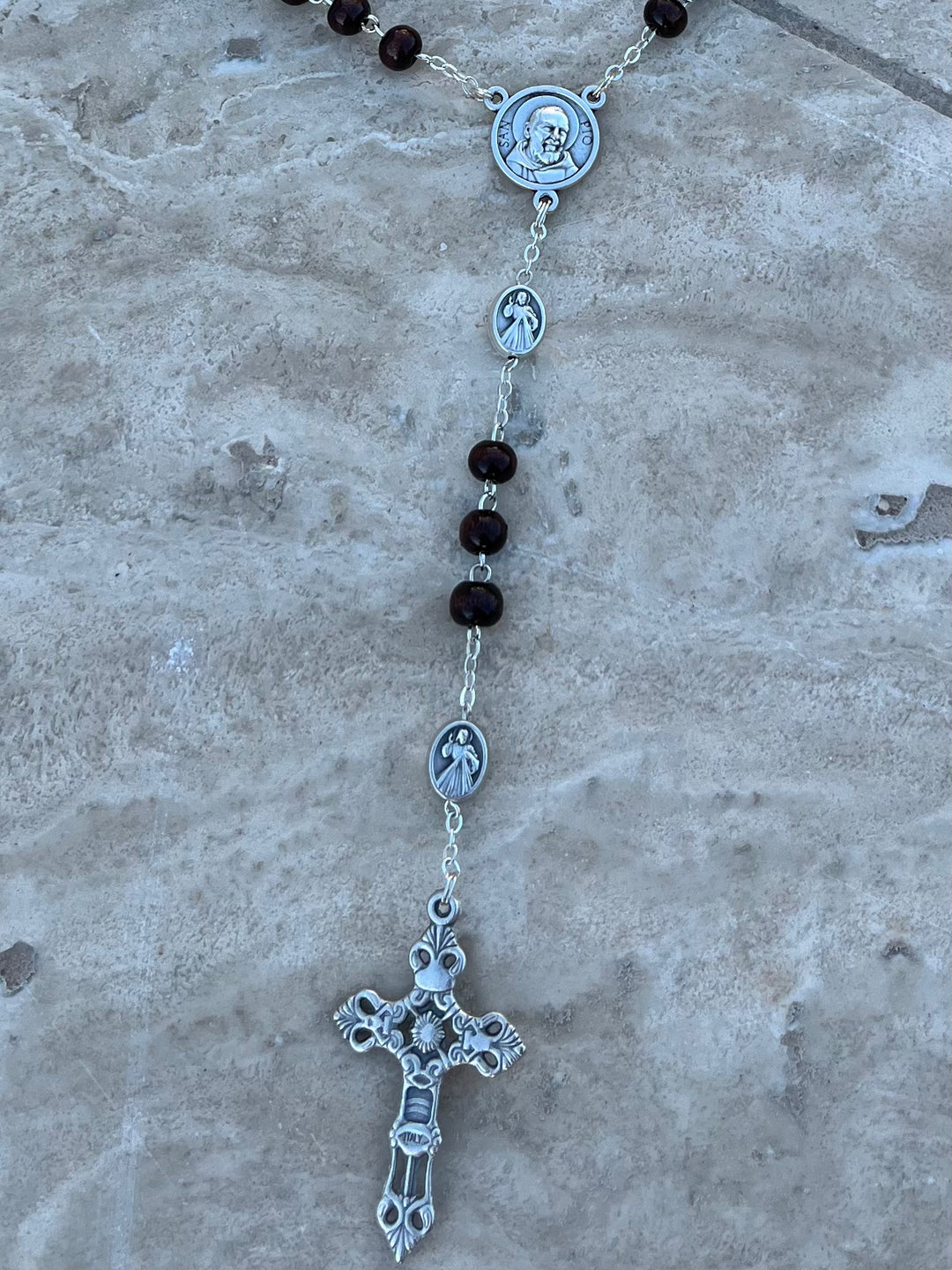 Padre Pio Soil Relic Pocket Rosary Chaplet San Damiano Crucifix Tiger Eye Stone, Catholic store Relic, Patron Saint of Stress Relief,Catholic Gift