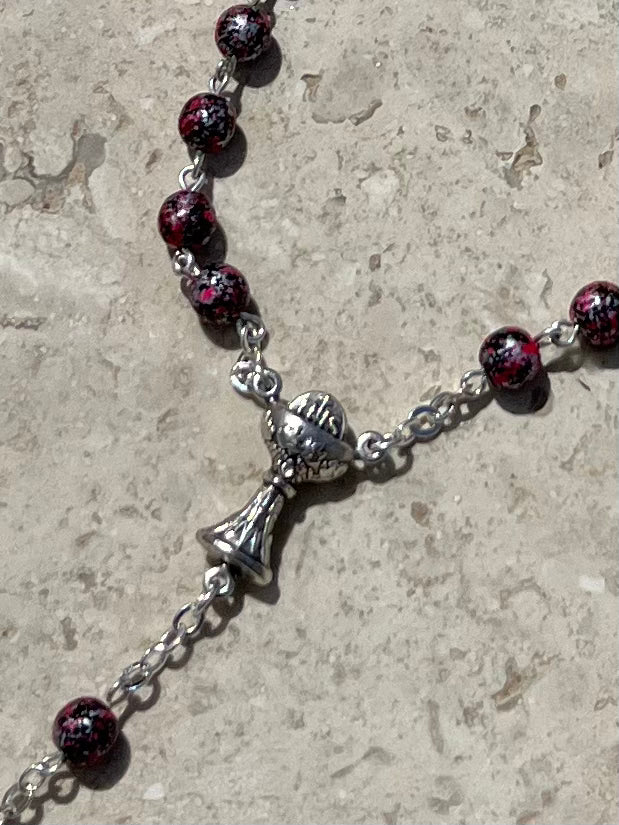 Kaleidoscope Communion rosary with marble-style beads and silver crucifix