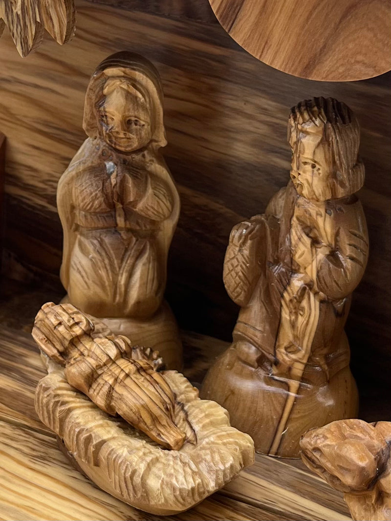 Nativity Creche Seven Figure Set - Olive Wood, Etched Figurines from the Holy Land