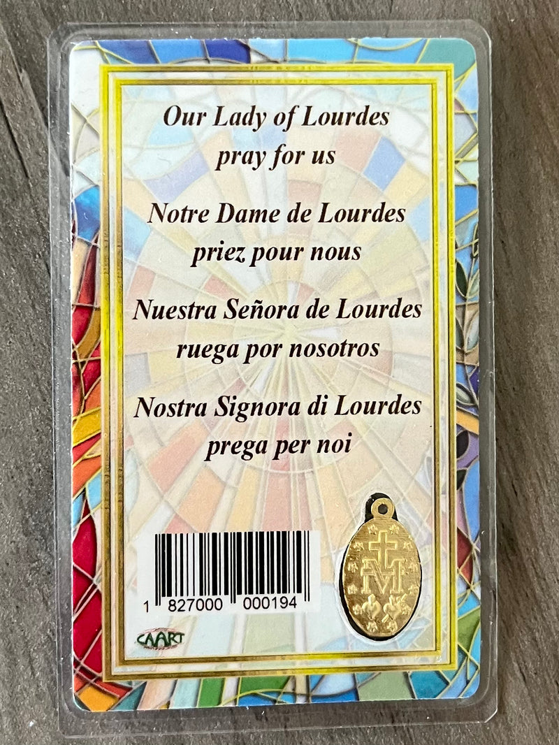 Our Lady of Lourdes prayer card with Gold Medal