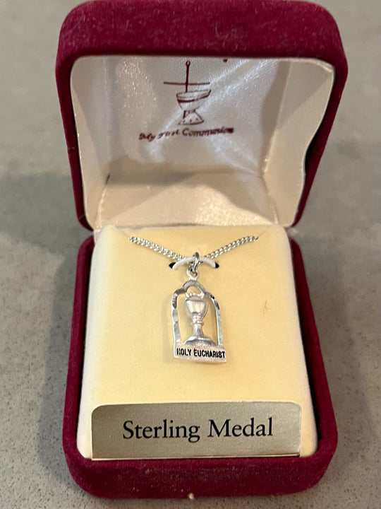 First Communion - Sterling Silver Holy Eucharist Charm Pendant w/ 16" Rhodium Chain