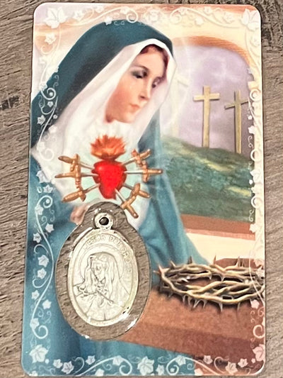 Sorrowful Mother Prayer Card and Silver Medal