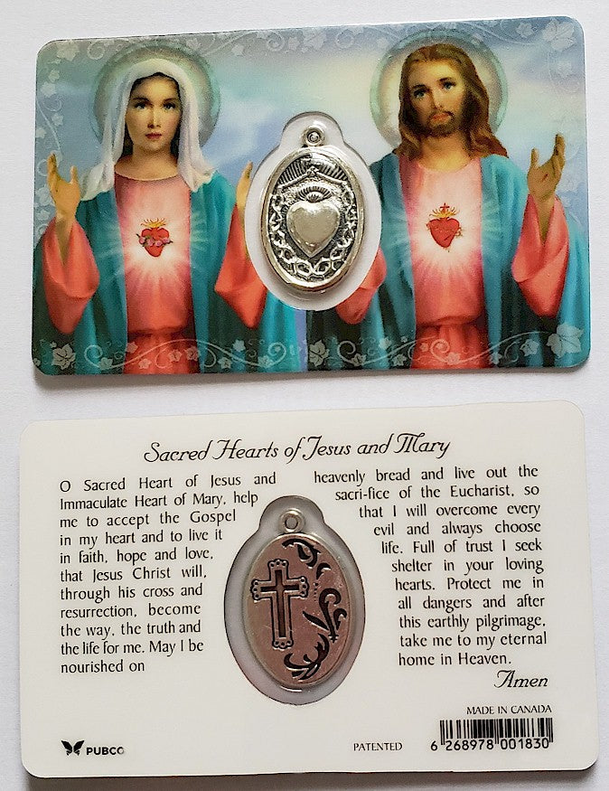 Sacred Hearts of Jesus and Mary Prayer Card with Medal