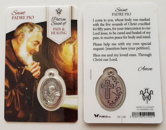 St. Padre Pio Prayer Card with Medal - Patron Saint of Pain & Healing