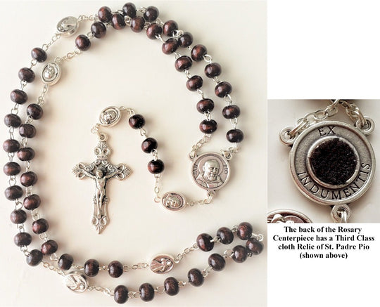 St. Padre Pio Relic Rosary with Dark Brown Wood Beads - 19 inches long
